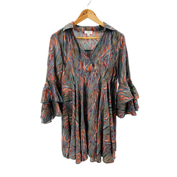 Umgee Printed Collared Ruffle Bell Sleeve Flowy‎ Dress – Size Small - Picture 1 of 9